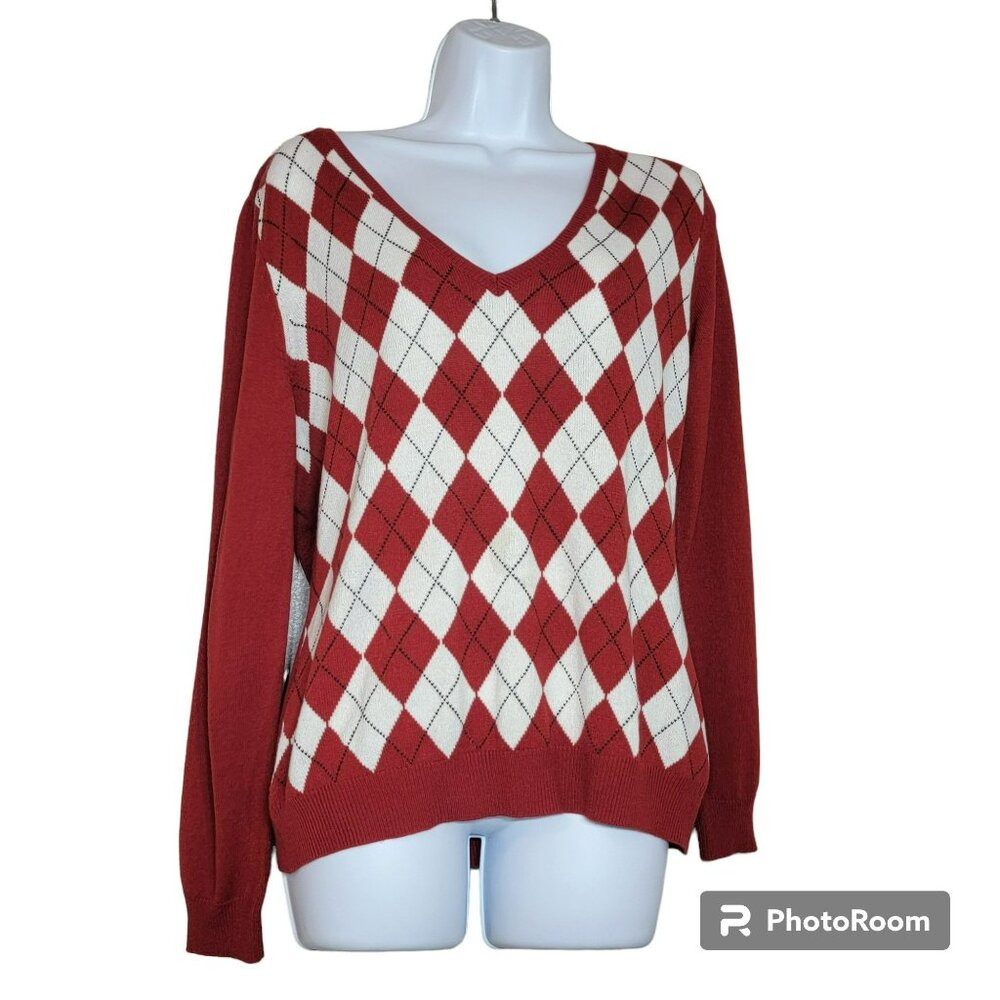 New York Company Sweater, Women L, Red & White Argile Front, V-Neck, Acrylic,GUC